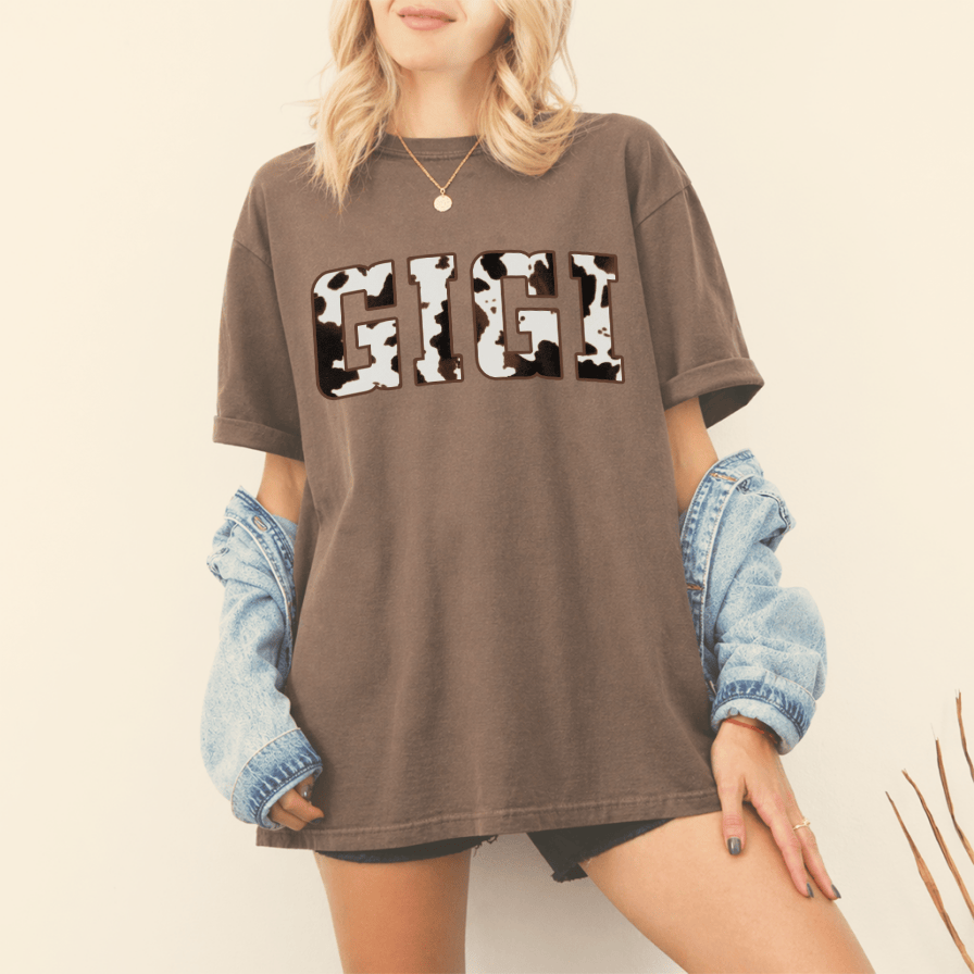 Cow Print Gigi Comfort Colors Shirt – Mother's Day Gift for Grandmother from Grandkids, Retro Tee - back view
